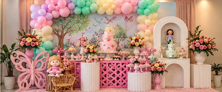 Decoração infantil em tons pastel com arco de balões, flores e borboletas