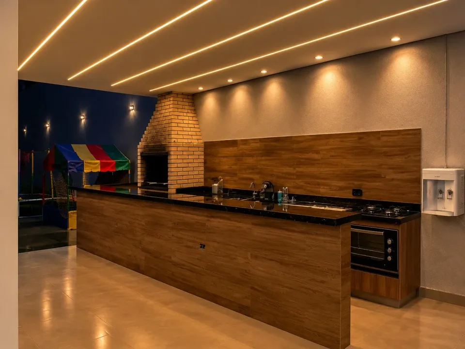 Área gourmet iluminada à noite com churrasqueira, bancada e forno